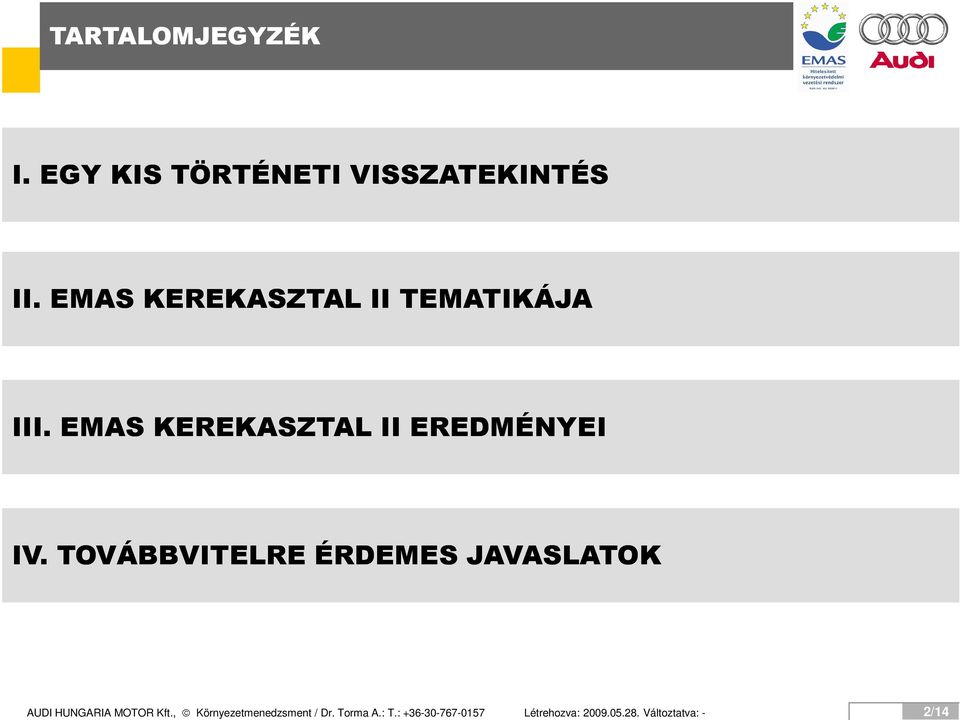 TOVÁBBVITELRE ÉRDEMES JAVASLATOK AUDI HUNGARIA MOTOR Kft.