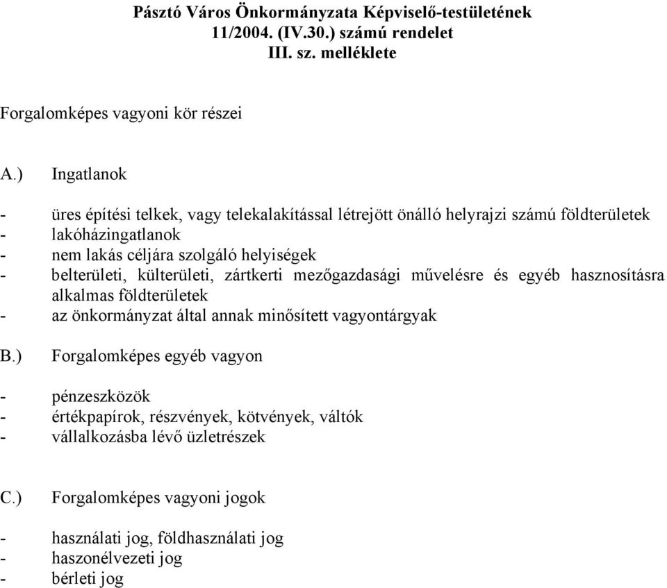 belterületi, külterületi, zártkerti mezőgazdasági művelésre és egyéb hasznosításra alkalmas földterületek - az önkormányzat által annak minősített vagyontárgyak B.