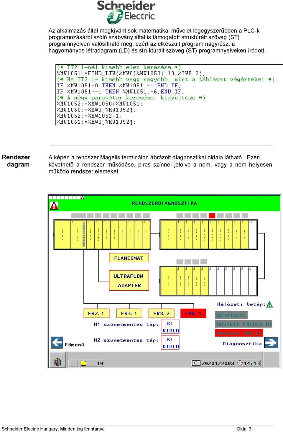 programnyelveken íródott. Rendszer dagram A képen a rendszer Magelis terminálon ábrázolt diagnosztikai oldala látható.