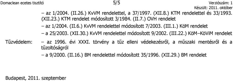 (XII.30.) KvVM rendelettel módosított 9/2002. (III.22.) KöM KöViM rendelet Tűzvédelem: az 1996. évi XXXI.
