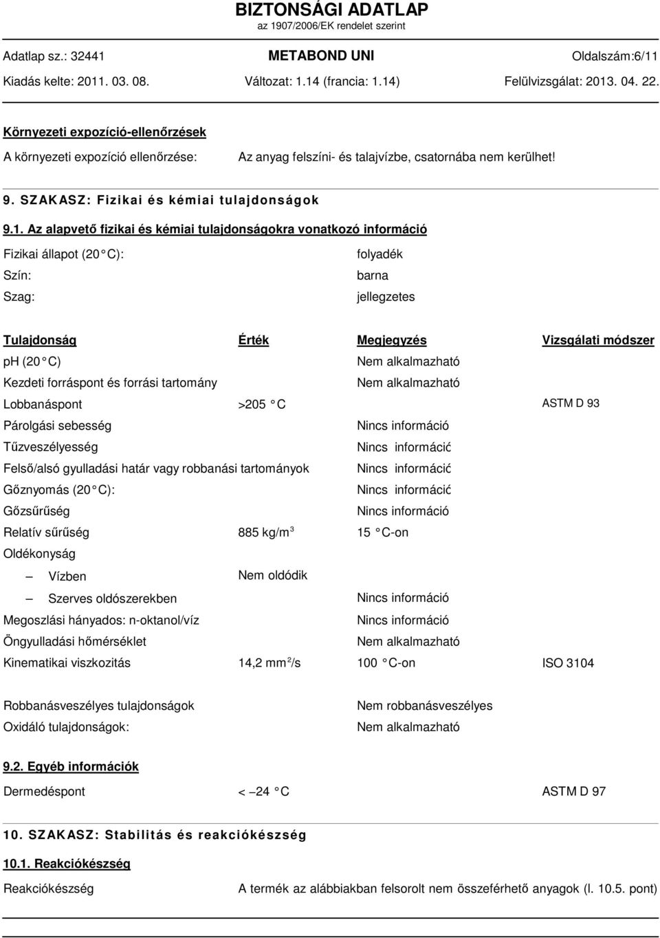 Az alapvető fizikai és kémiai tulajdonságokra vonatkozó információ Fizikai állapot (20 C): Szín: Szag: folyadék barna jellegzetes Tulajdonság Érték Megjegyzés Vizsgálati módszer ph (20 C) Kezdeti