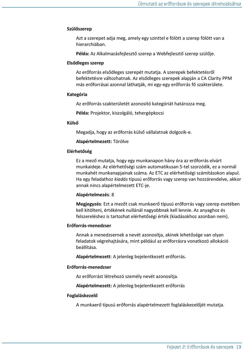 Az elsődleges szerepek alapján a CA Clarity PPM más erőforrásai azonnal láthatják, mi egy-egy erőforrás fő szakterülete. Kategória Külső Az erőforrás szakterületét azonosító kategóriát határozza meg.