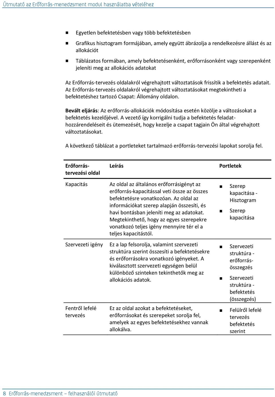 befektetés adatait. Az Erőforrás-tervezés oldalakról végrehajtott változtatásokat megtekintheti a befektetéshez tartozó Csapat: Állomány oldalon.