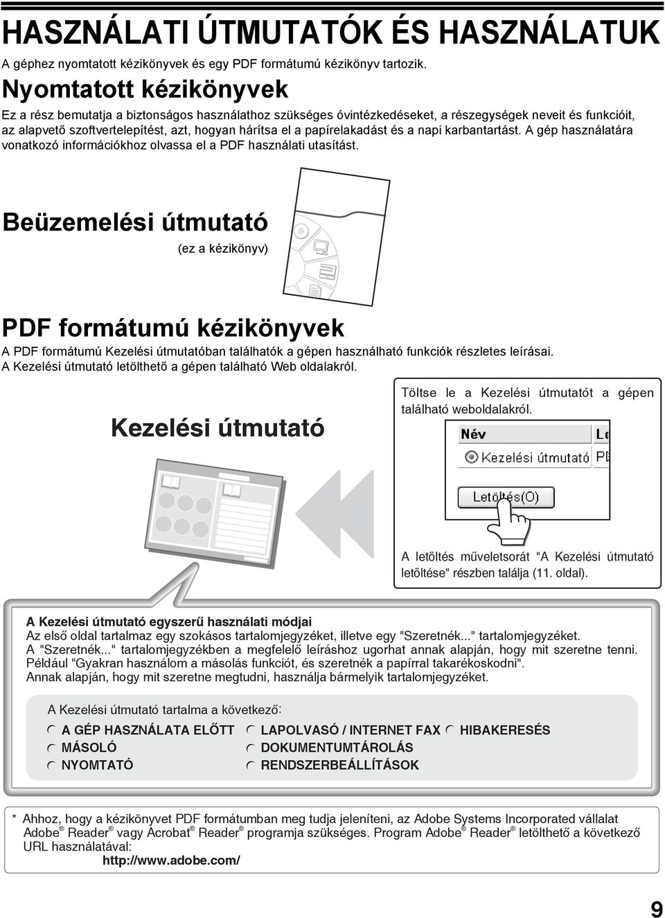 papírelakadást és a napi karbantartást. A gép használatára vonatkozó információkhoz olvassa el a PDF használati utasítást.