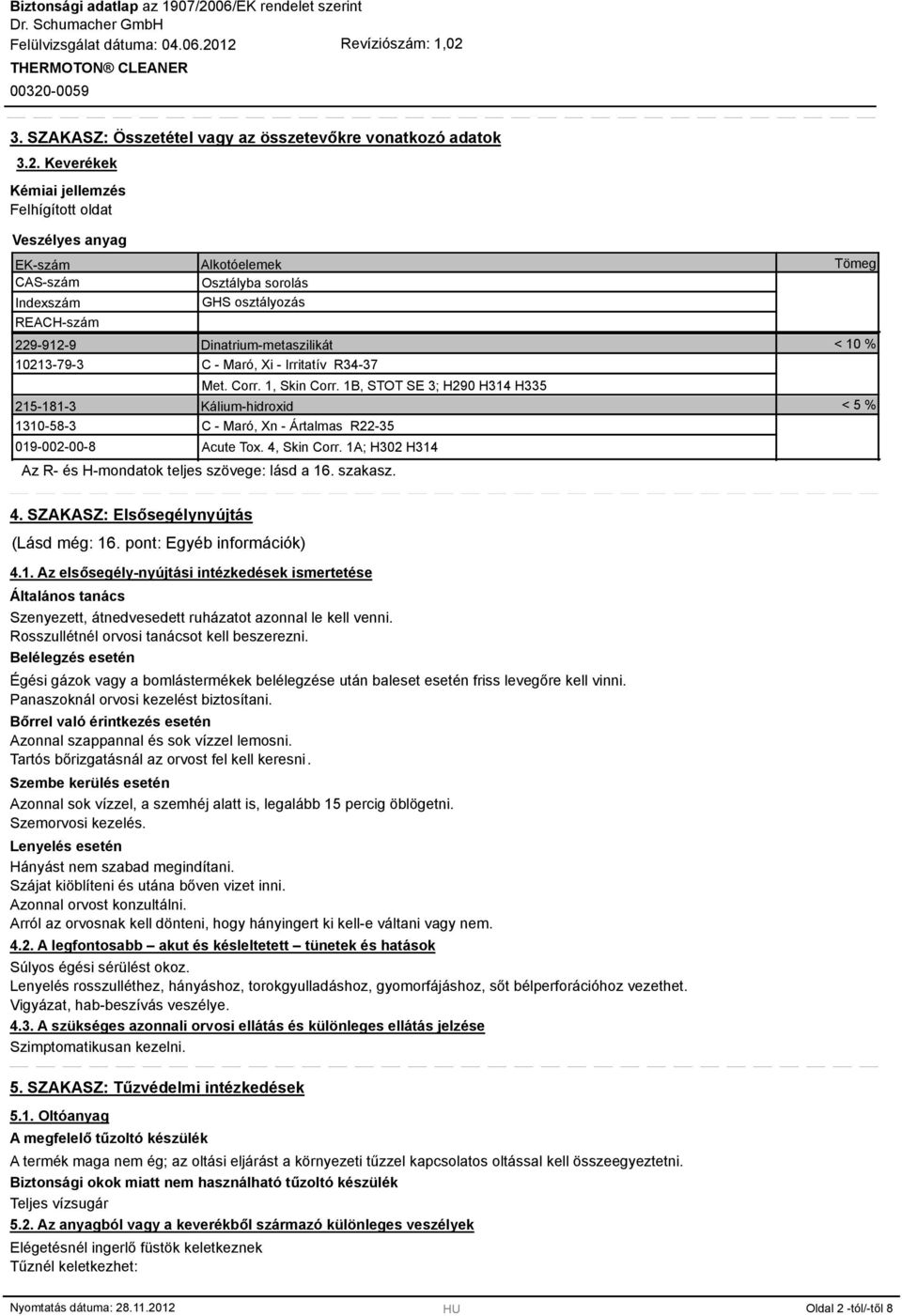 Xi - Irritatív R34-37 Met. Corr. 1, Skin Corr. 1B, STOT SE 3; H290 H314 H335 215-11-3 Kálium-hidroxid 1310-5-3 C - Maró, Xn - Ártalmas R22-35 019-002-00- Acute Tox. 4, Skin Corr.