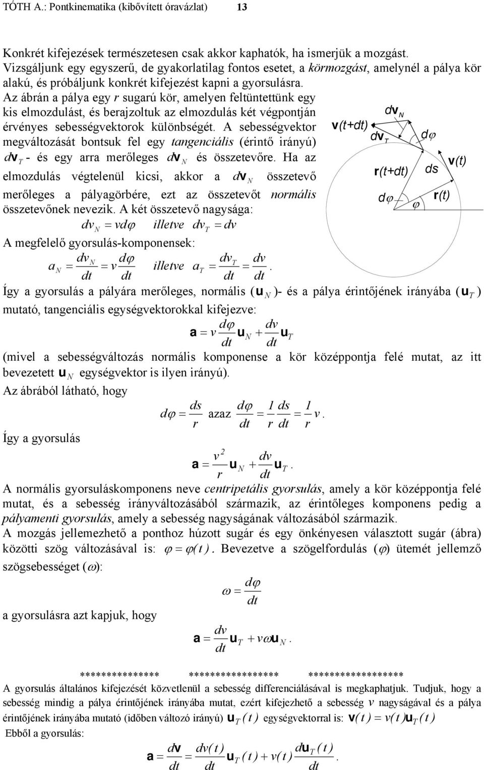 sebességekor (+d megáloásá bonsuk fel egy angenciális (érinő irányú d T dϕ dt - és egy arra merőleges d N és össeeőre Ha a ( elmodulás égelenül kicsi, akkor a d N össeeő r(+d ds merőleges a