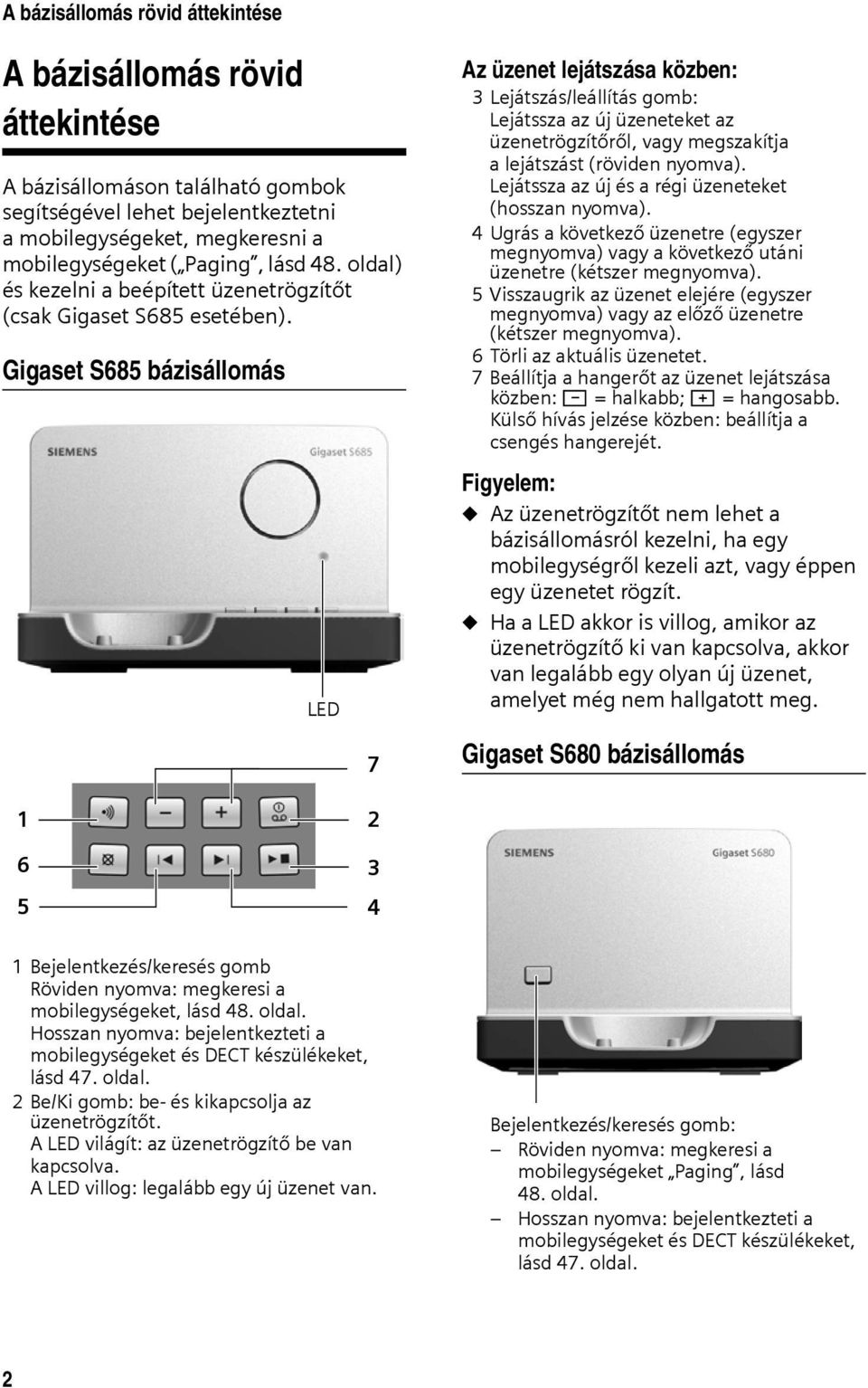 Gigaset S685 bázisállomás LED 7 Az üzenet lejátszása közben: 3 Lejátszás/leállítás gomb: Lejátssza az új üzeneteket az üzenetrögzítőről, vagy megszakítja a lejátszást (röviden nyomva).