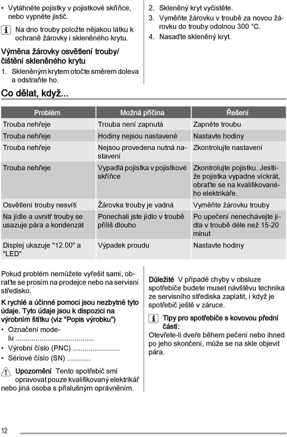 Problém Možná příčina Řešení Trouba nehřeje Trouba není zapnutá Zapněte troubu Trouba nehřeje Hodiny nejsou nastavené Nastavte hodiny Trouba nehřeje Nejsou provedena nutná nastavení Zkontrolujte