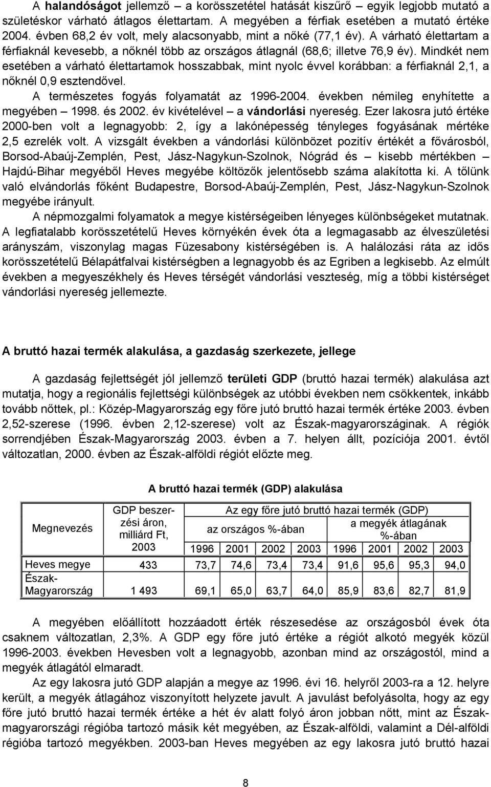 Mindkét nem esetében a várható élettartamok hosszabbak, mint nyolc évvel korábban: a férfiaknál 2,1, a nőknél 0,9 esztendővel. A természetes fogyás folyamatát az 1996-2004.