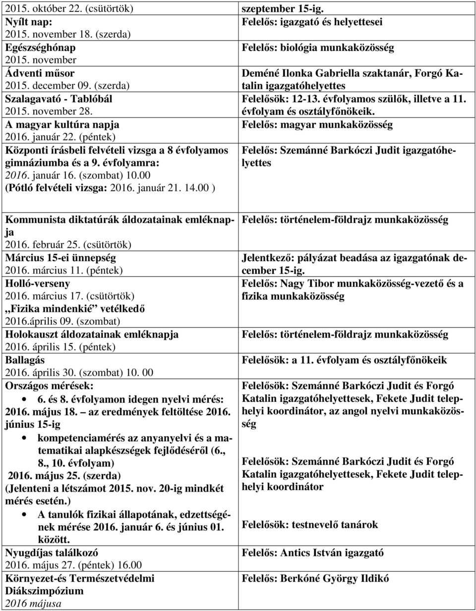 évfolyam és osztályfőnökeik. A magyar kultúra napja Felelős: magyar munkaközösség 2016. január 22.