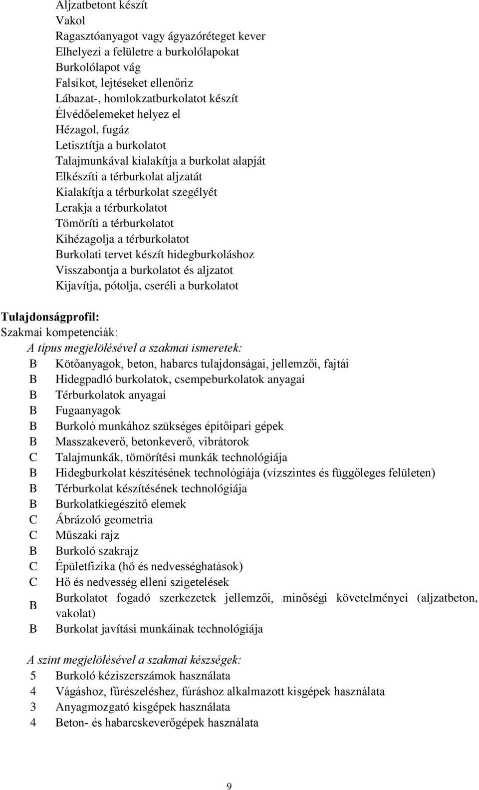 térburkolatot Tömöríti a térburkolatot Kihézagolja a térburkolatot Burkolati tervet készít hidegburkoláshoz Visszabontja a burkolatot és aljzatot Kijavítja, pótolja, cseréli a burkolatot