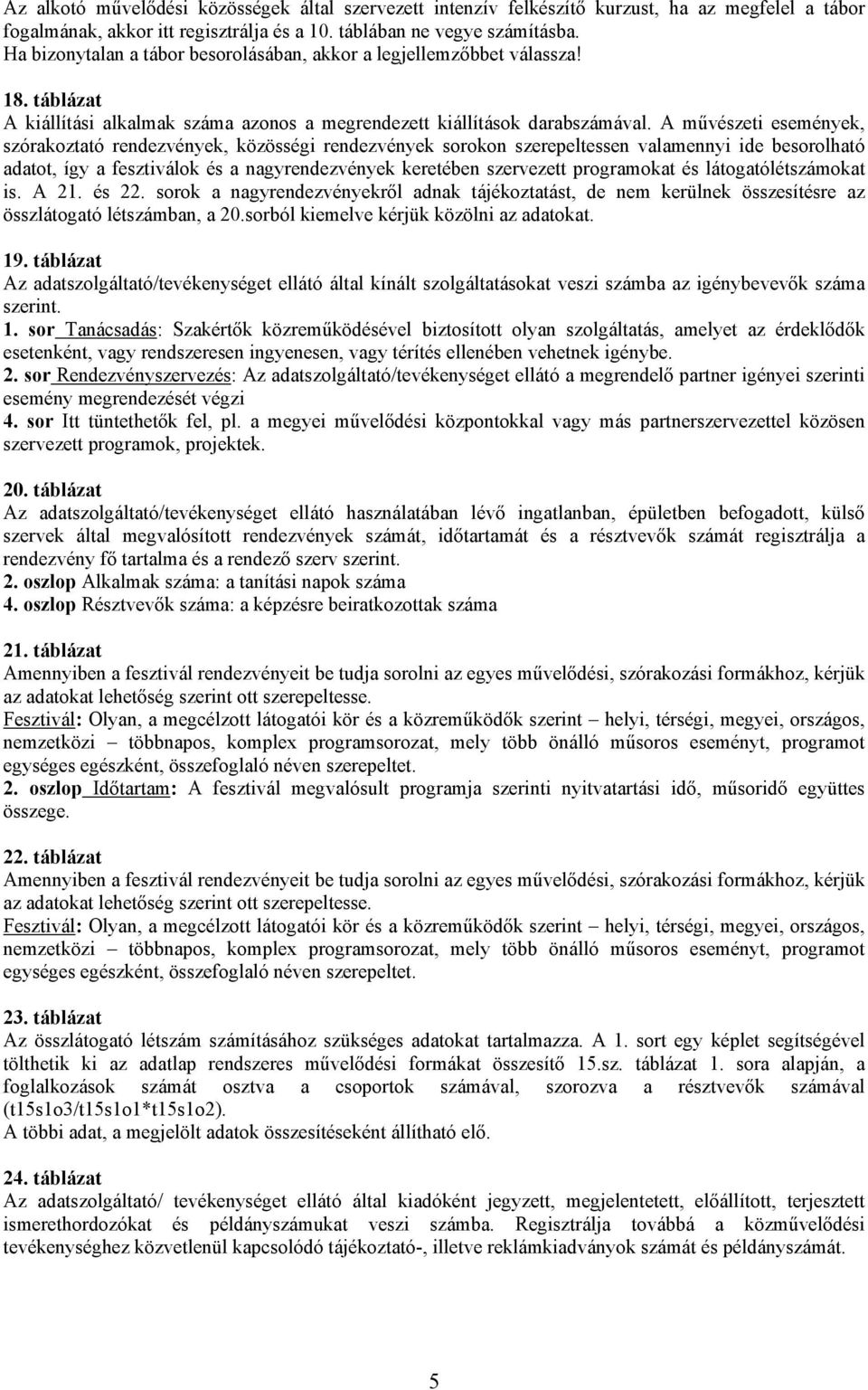 A művészeti események, szórakoztató rendezvények, közösségi rendezvények sorokon szerepeltessen valamennyi ide besorolható adatot, így a fesztiválok és a nagyrendezvények keretében szervezett