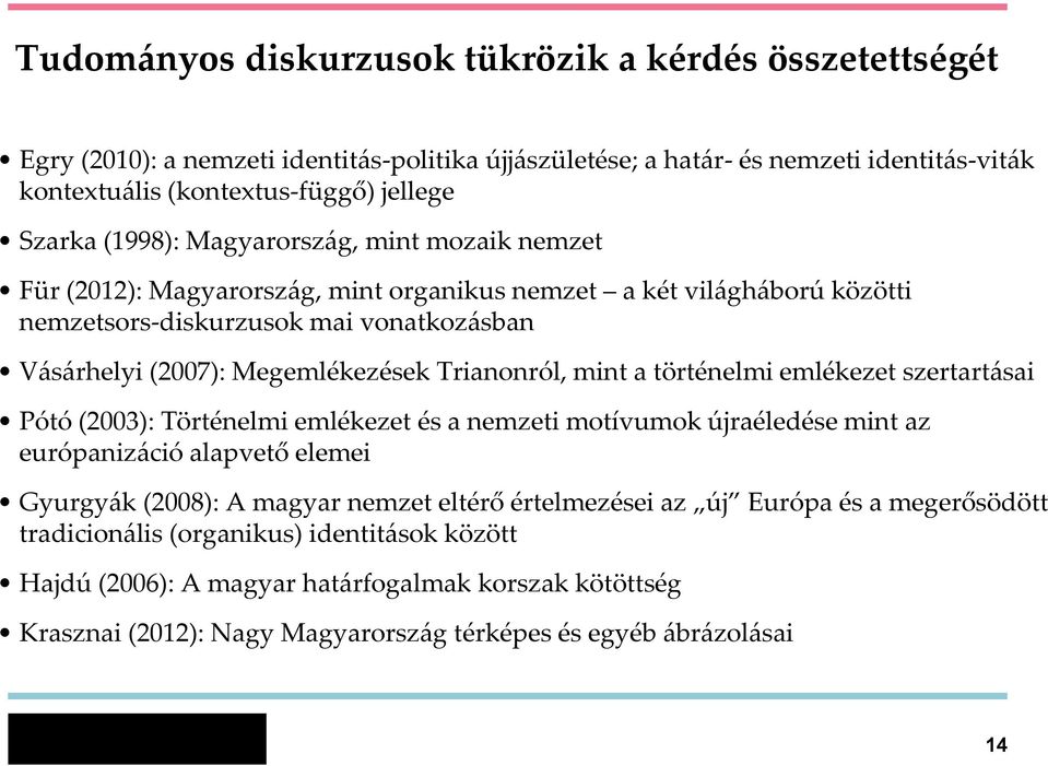 Trianonról, mint a történelmi emlékezet szertartásai Pótó (2003): Történelmi emlékezet és a nemzeti motívumok újraéledése mint az európanizáció alapvető elemei Gyurgyák (2008): A magyar nemzet