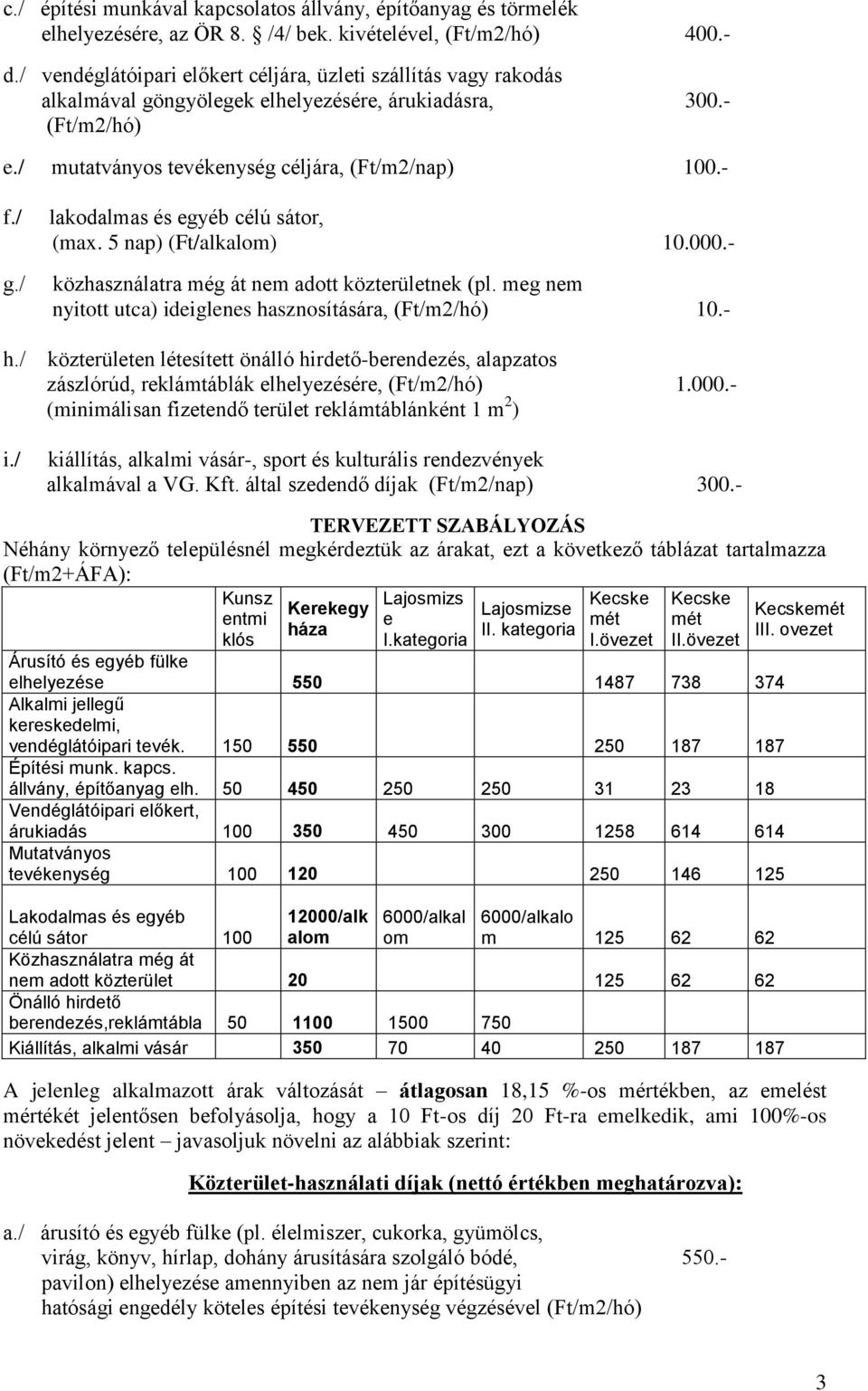 / lakodalmas és egyéb célú sátor, (max. 5 nap) (Ft/alkalom) 10.000.- közhasználatra még át nem adott közterületnek (pl. meg nem nyitott utca) ideiglenes hasznosítására, 10.- h.