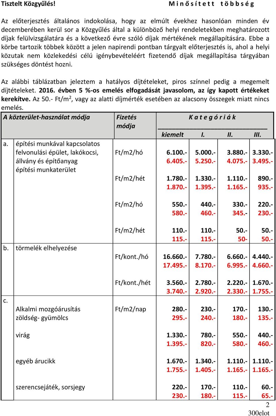 meghatározott díjak felülvizsgálatára és a következő évre szóló díjak mértékének megállapítására.