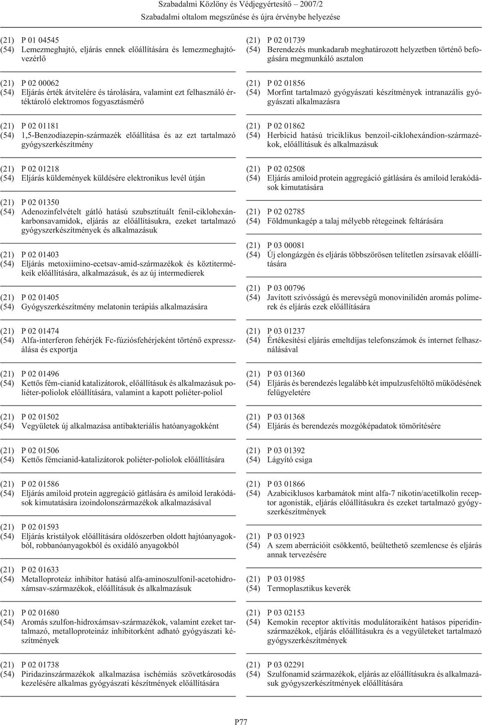 gyógyászati alkalmazásra (21) P 02 01181 (54) 1,5-Benzodiazepin-származék elõállítása és az ezt tartalmazó gyógyszerkészítmény (21) P 02 01862 (54) Herbicid hatású triciklikus