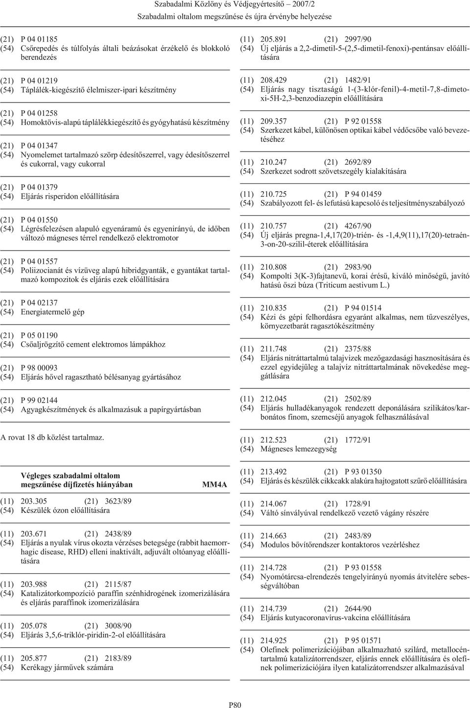 Eljárás risperidon elõállítására (21) P 04 01550 (54) Légrésfelezésen alapuló egyenáramú és egyenirányú, de idõben változó mágneses térrel rendelkezõ elektromotor (21) P 04 01557 (54) Poliizocianát