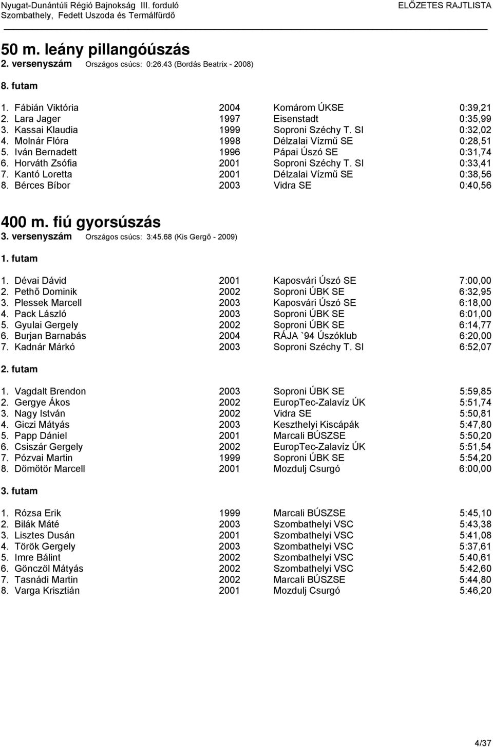 Kantó Loretta 2001 Délzalai Vízmű SE 0:38,56 8. Bérces Bíbor 2003 Vidra SE 0:40,56 400 m. fiú gyorsúszás 3. versenyszám Országos csúcs: 3:45.68 (Kis Gergő - 2009) 1.