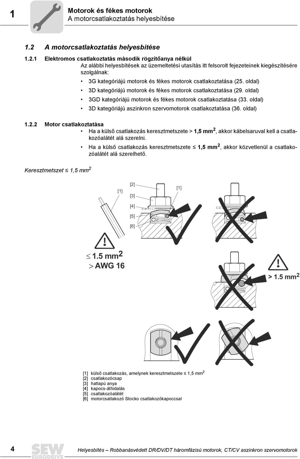 1 Elektromos csatlakoztatás második rögzítőanya nélkül Az alábbi helyesbítések az üzemeltetési utasítás itt felsorolt fejezeteinek kiegészítésére szolgálnak: 3G kategóriájú motorok és fékes motorok