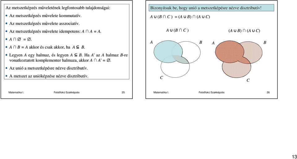 H A' z A hlmz B-re vontkozttott komplementer hlmz, kkor A A'. Az unió metszetképésre sre nézve disztributív.
