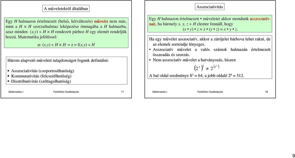 . Mtemtik jelöléssel: φ: : (x,y( x,y) H H z z f(x,y x,y) H Három lpvetı mőveleti tuljdonságot fogunk definiálni: Asszocitivitás s (csoportosítht thtóság) Kommuttivitás s (felcserélhet lhetıség)