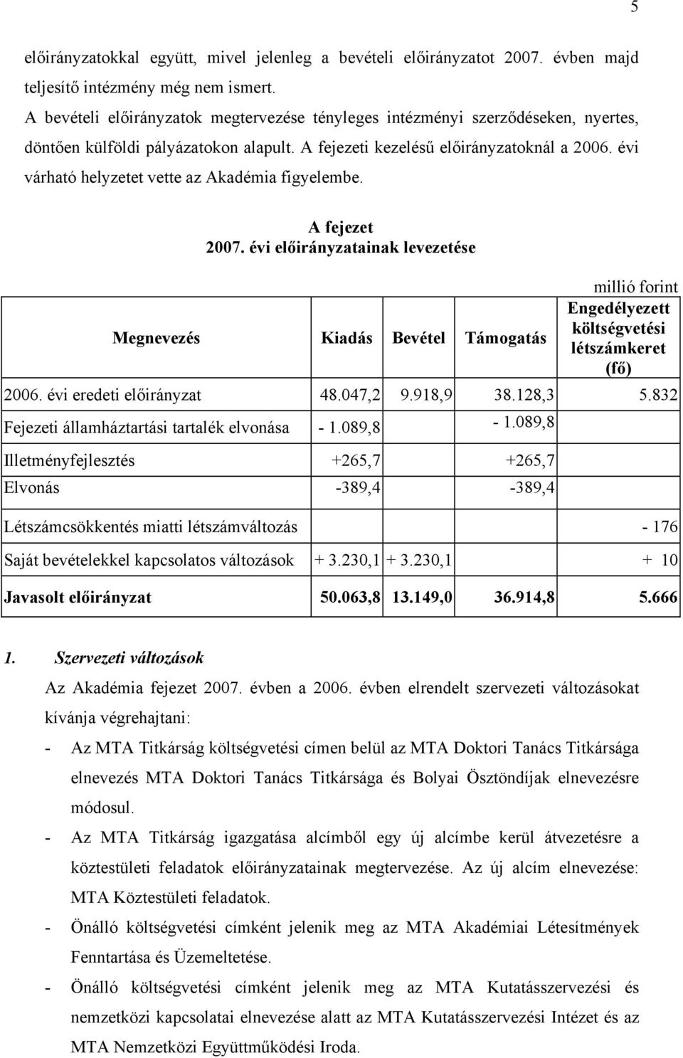 évi várható helyzetet vette az Akadémia figyelembe. A fejezet 2006. évi eredeti előirányzat 48.047,2 9.918,9 38.128,3 5.832 Fejezeti államháztartási tartalék elvonása - 1.089,8-1.