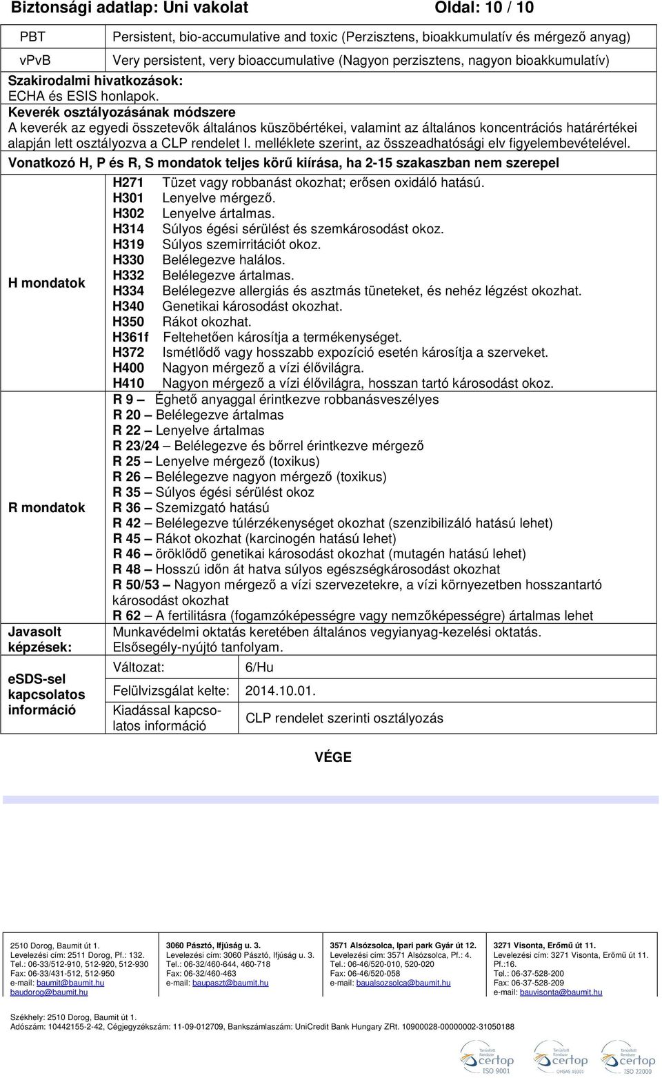 Keverék osztályozásának módszere A keverék az egyedi összetevők általános küszöbértékei, valamint az általános koncentrációs határértékei alapján lett osztályozva a CLP rendelet I.