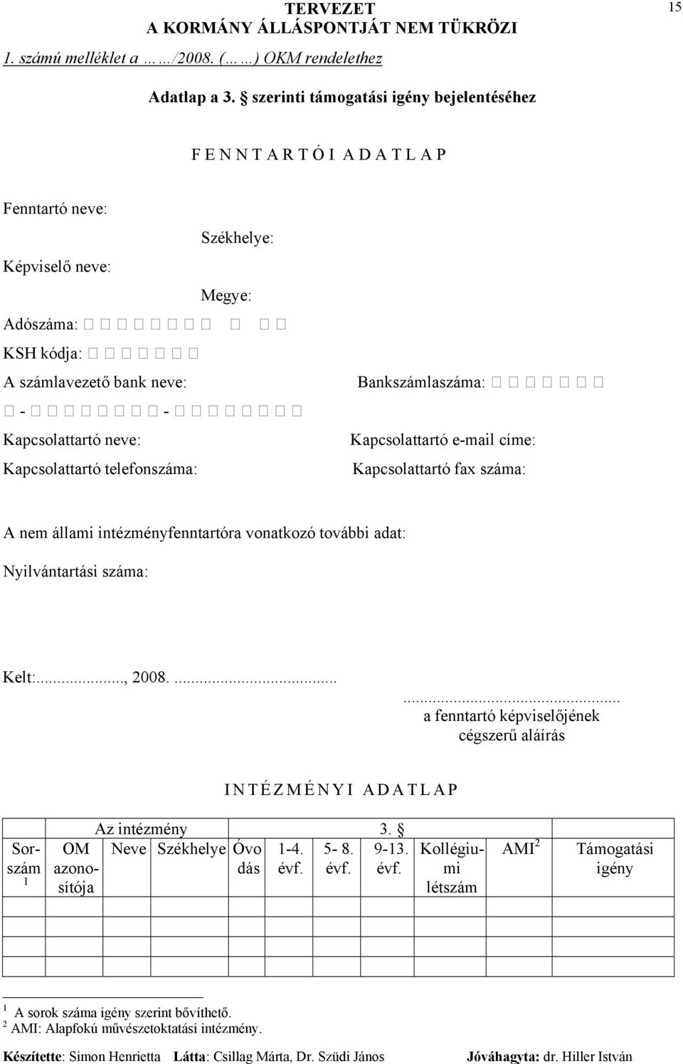 Kapcsolattartó neve: Kapcsolattartó telefonszáma: Bankszámlaszáma: Kapcsolattartó e-mail címe: Kapcsolattartó fax száma: A nem állami intézményfenntartóra vonatkozó további adat: