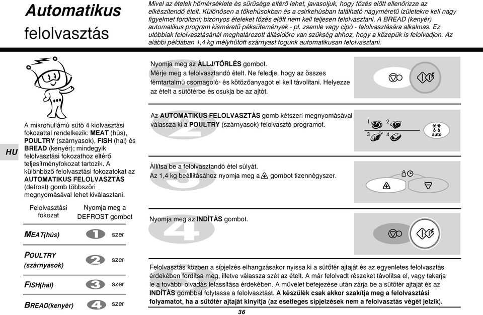 A BREAD (kenyér) automatikus program kisméretı péksütemények - pl. zsemle vagy cipó - felolvasztására alkalmas.