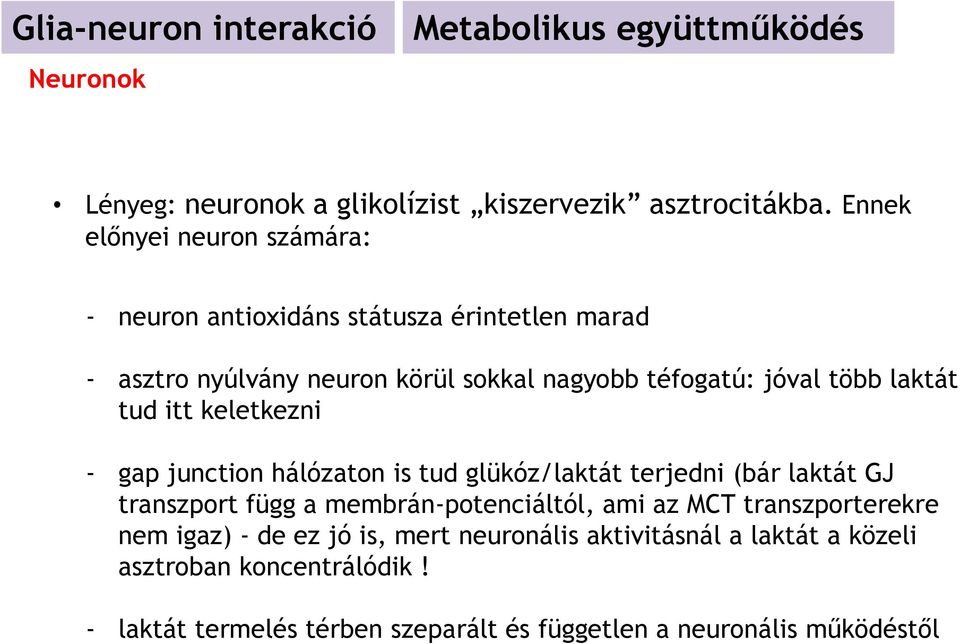 laktát tud itt keletkezni - gap junction hálózaton is tud glükóz/laktát terjedni (bár laktát GJ transzport függ a membrán-potenciáltól, ami az MCT