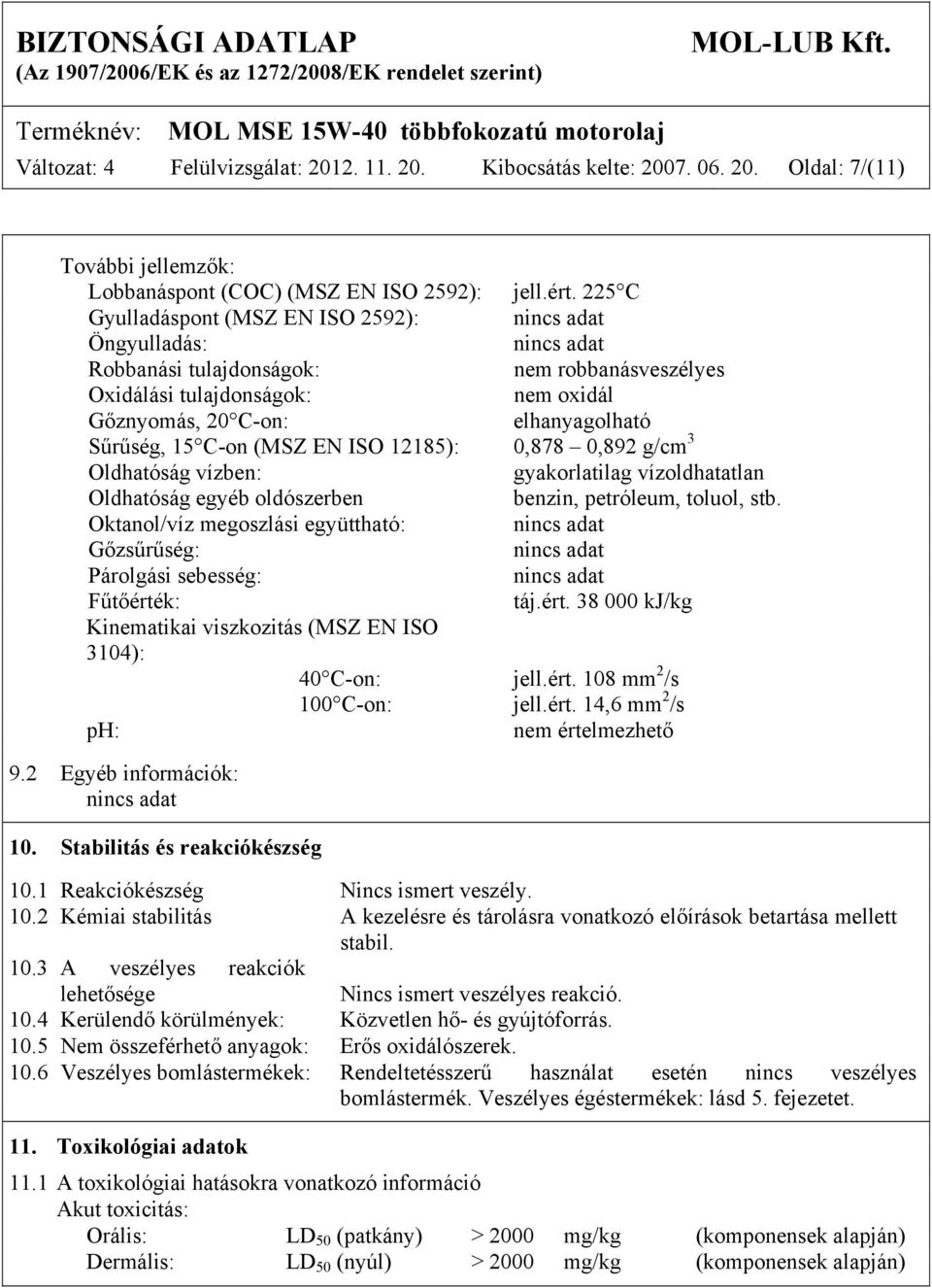 12185): 0,878 0,892 g/cm 3 Oldhatóság vízben: gyakorlatilag vízoldhatatlan Oldhatóság egyéb oldószerben benzin, petróleum, toluol, stb.