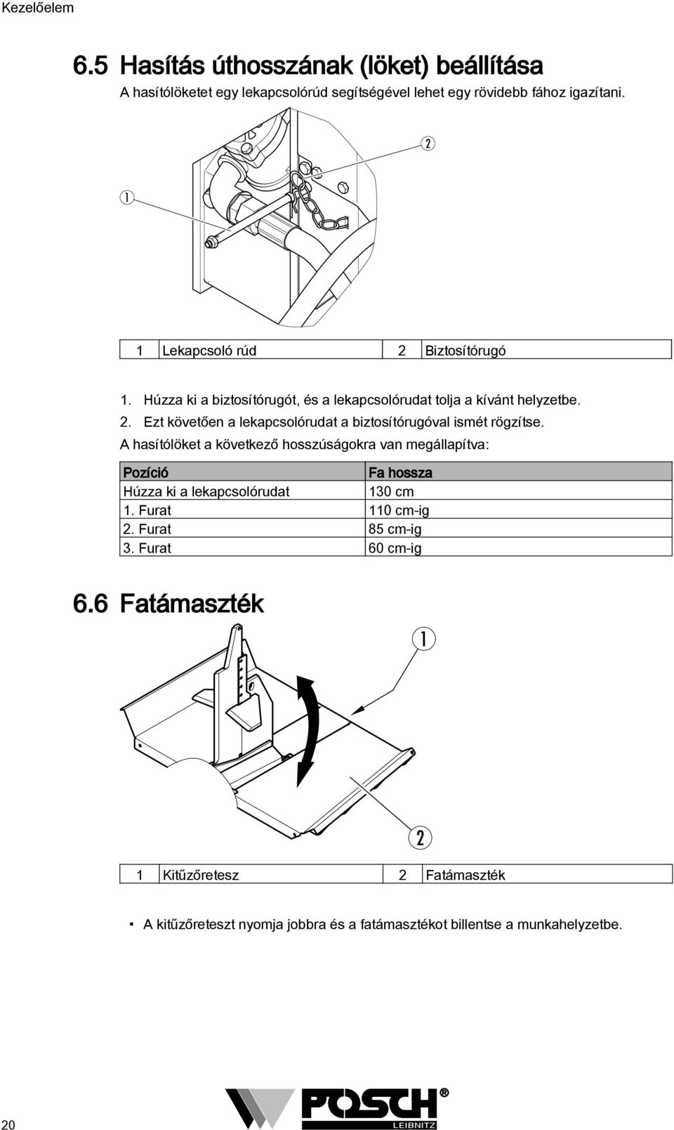 A hasítólöket a következő hosszúságokra van megállapítva: Pozíció Fa hossza Húzza ki a lekapcsolórudat 130 cm 1. Furat 110 cm-ig 2. Furat 85 cm-ig 3.