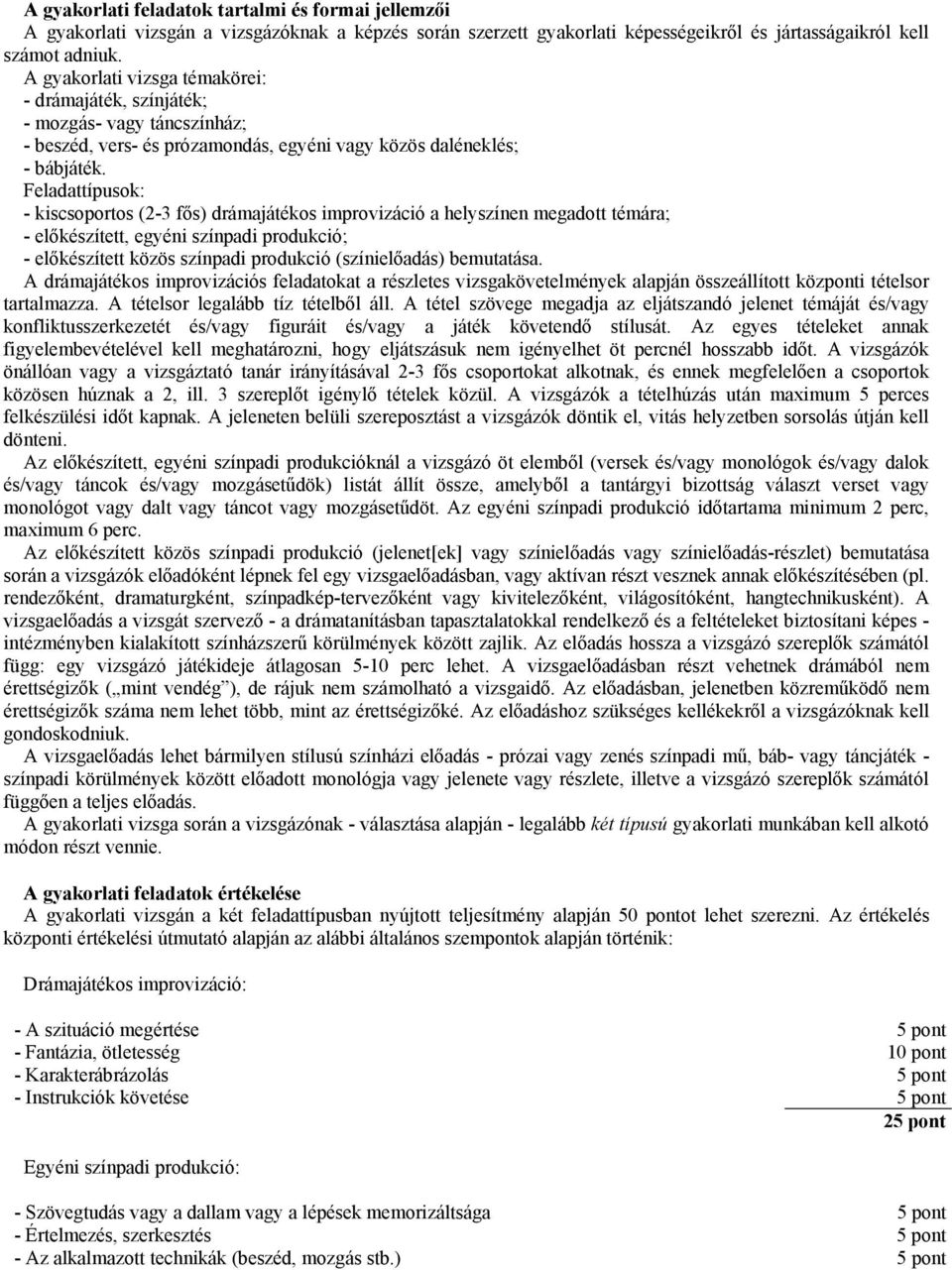 Feladattípusok: - kiscsoportos (2-3 fős) drámajátékos improvizáció a helyszínen megadott témára; - előkészített, egyéni színpadi produkció; - előkészített közös színpadi produkció (színielőadás)