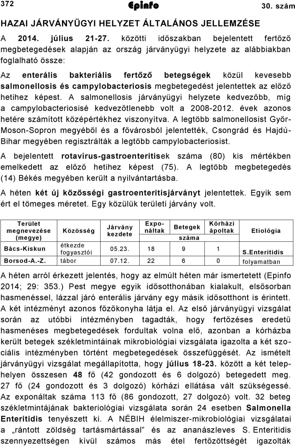 és campylobacteriosis megbetegedést jelentettek az előző hetihez képest. A salmonellosis járványügyi helyzete kedvezőbb, míg a campylobacteriosisé kedvezőtlenebb volt a 2008-2012.