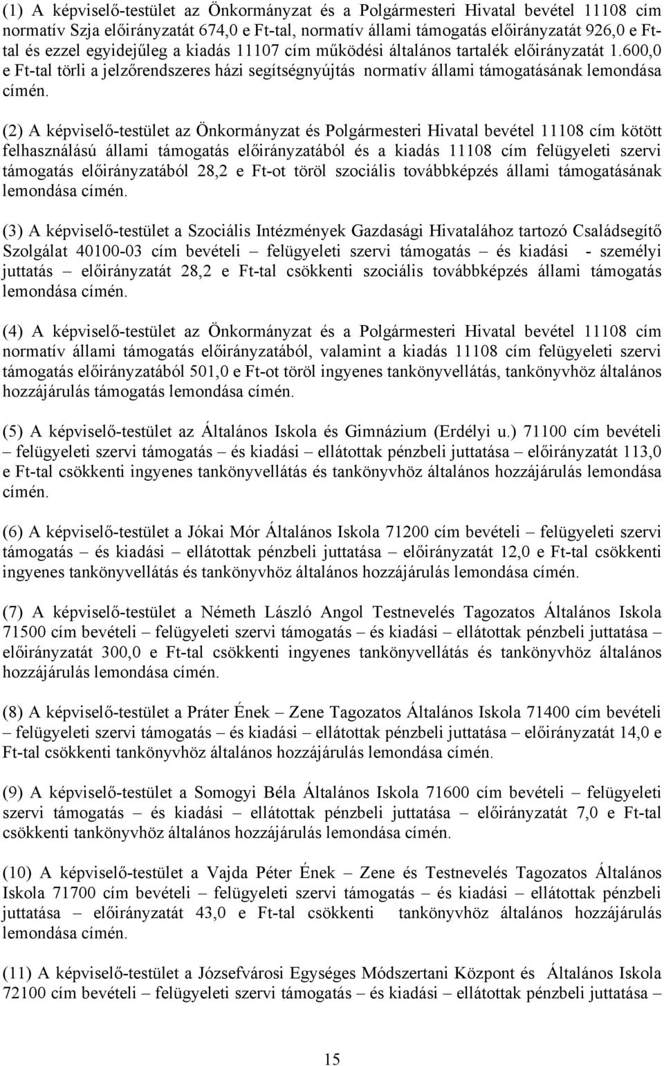 600,0 e Ft-tal törli a jelzőrendszeres házi segítségnyújtás normatív állami támogatásának lemondása (2) A képviselő-testület az Önkormányzat és Polgármesteri Hivatal bevétel 11108 cím kötött