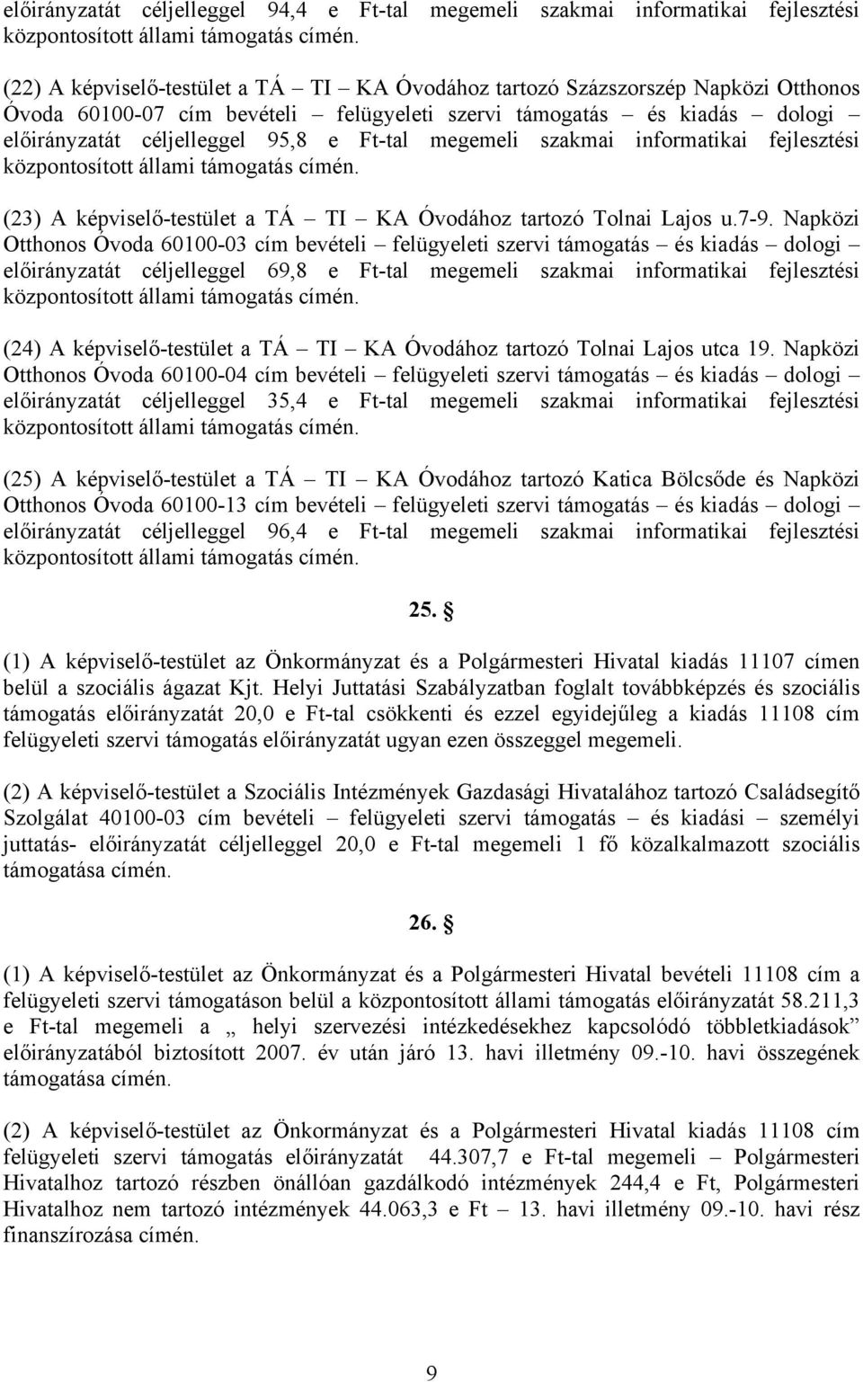 képviselő-testület a TÁ TI KA Óvodához tartozó Tolnai Lajos u.7-9.