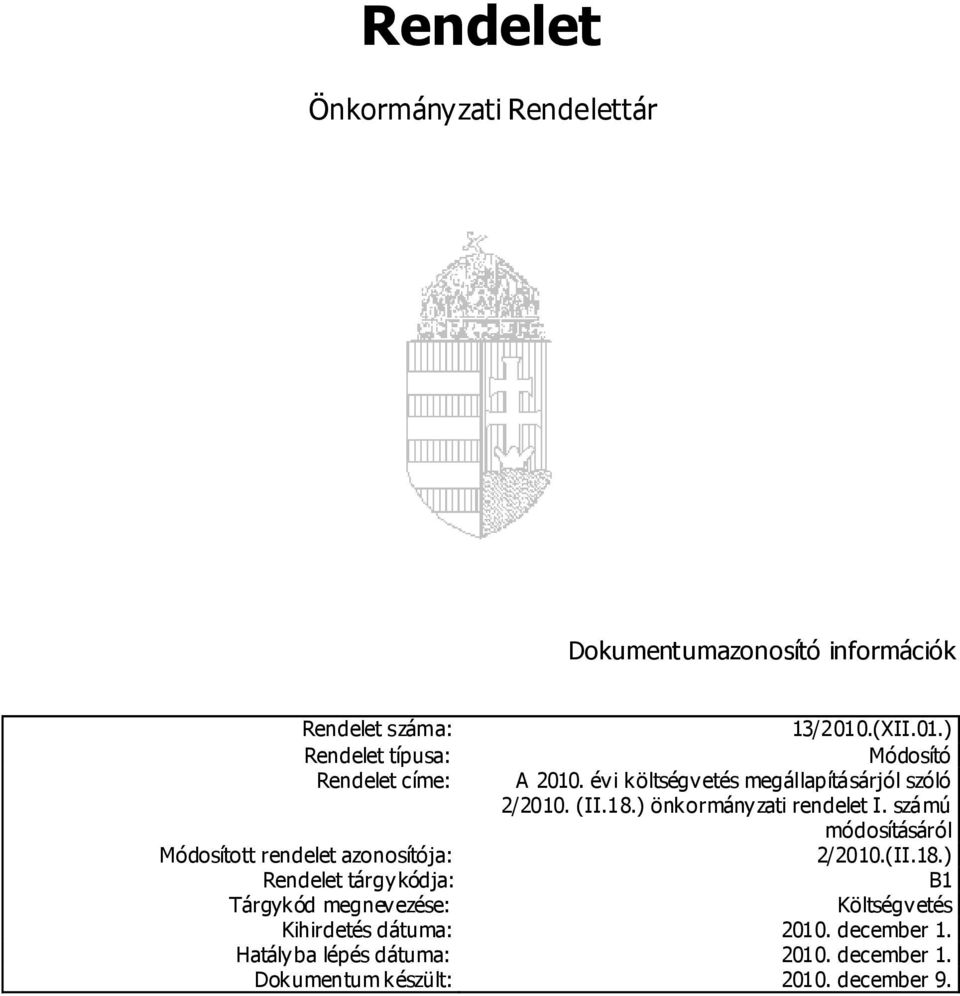 18.) önkormányzati rendelet I. számú áról rendelet azonosítója: 2/2010.(II.18.) Rendelet tárgykódja: B1 Tárgykód megnevezése: Költségvetés Kihirdetés dátuma: 2010.