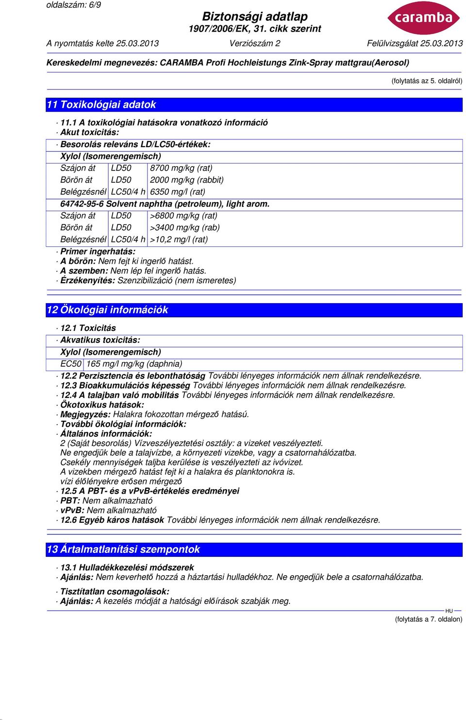 Belégzésnél LC50/4 h 6350 mg/l (rat) 64742-95-6 Solvent naphtha (petroleum), light arom.