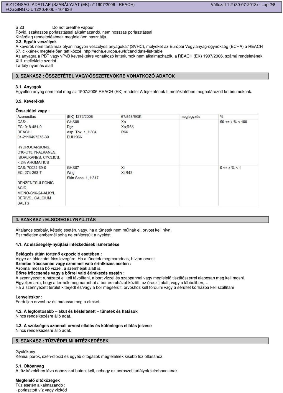 cikkének megfelelen tett közzé: http://echa.europa.eu/fr/candidate-list-table Az anyagra a PBT vagy vpvb keverékekre vonatkozó kritériumok nem alkalmazhatók, a REACH (EK) 1907/2006.