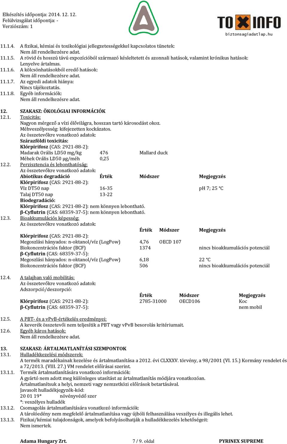 Az egyedi adatok hiánya: Nincs tájékoztatás...8. Egyéb információk: 2. SZAKASZ: ÖKOLÓGIAI INFORMÁCIÓK 2.. Toxicitás: Nagyon mérgező a vízi élővilágra, hosszan tartó károsodást okoz.