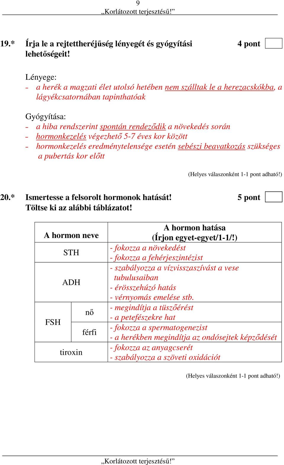 végezhető 5-7 éves kor között hormonkezelés eredménytelensége esetén sebészi beavatkozás szükséges a pubertás kor előtt 20.* Ismertesse a felsorolt hormonok hatását!