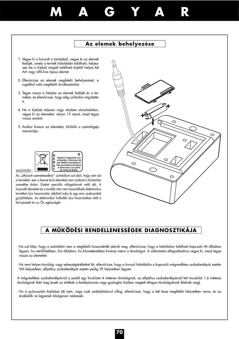 Ellenőrizze az elemek megfelelő behelyezését, a rugókkal való megfelelő érintkezésüket. 3. Tegye vissza a helyére az elemek fedőjét és a terméket, és ellenőrizze, hogy elég szilárdan rögzítettee. 4.