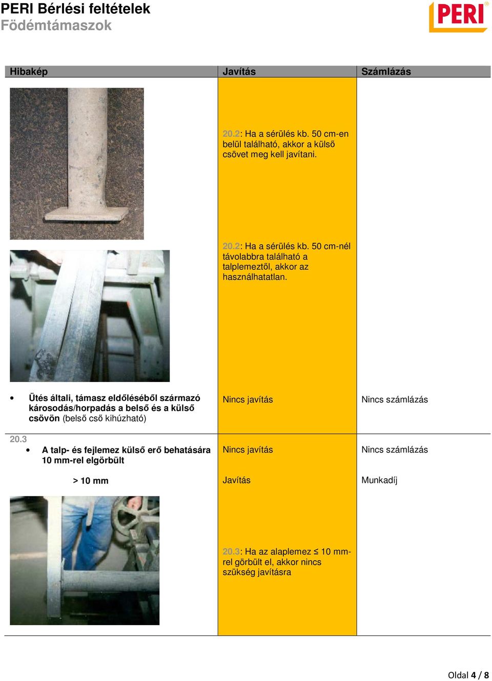 3 A talp- és fejlemez külső erő behatására 10 mm-rel elgörbült 10 mm Nincs javítás Nincs javítás Javítás Nincs számlázás Nincs