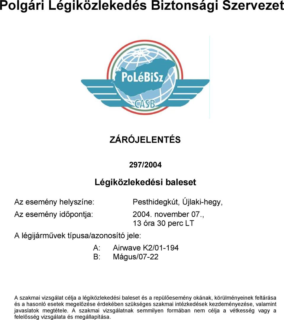 , 13 óra 30 perc LT A légijárművek típusa/azonosító jele: A: Airwave K2/01-194 B: Mágus/07-22 A szakmai vizsgálat célja a légiközlekedési baleset és a