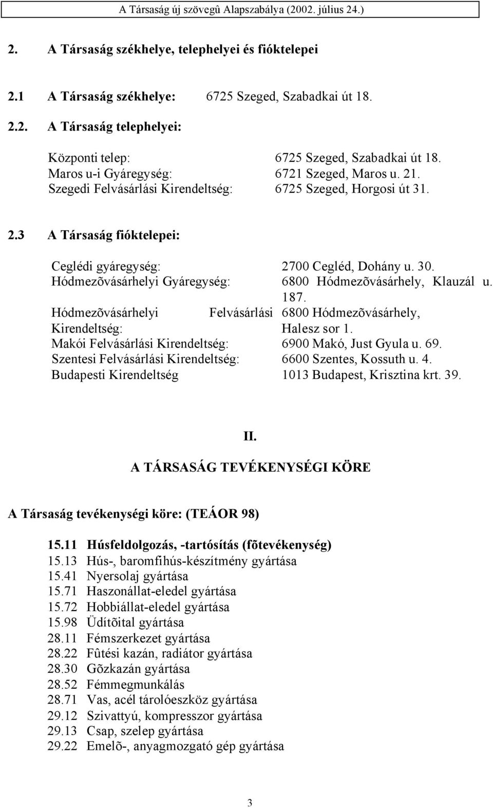 Hódmezõvásárhelyi Gyáregység: 6800 Hódmezõvásárhely, Klauzál u. 187. Hódmezõvásárhelyi Felvásárlási 6800 Hódmezõvásárhely, Kirendeltség: Halesz sor 1.