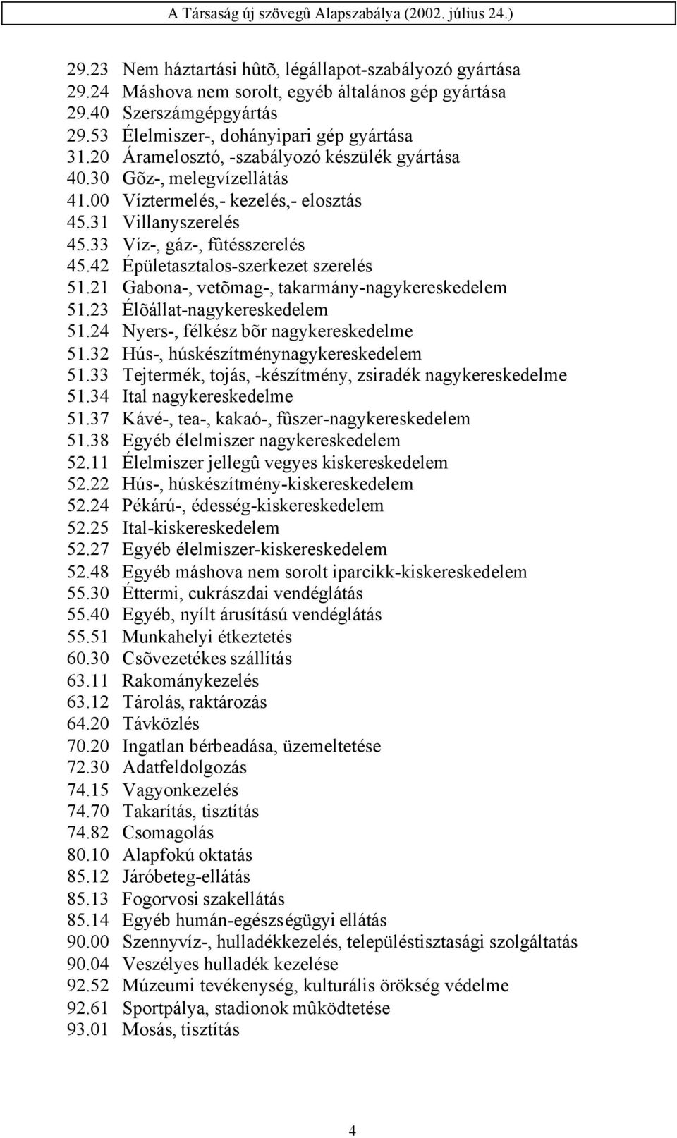 42 Épületasztalos-szerkezet szerelés 51.21 Gabona-, vetõmag-, takarmány-nagykereskedelem 51.23 Élõállat-nagykereskedelem 51.24 Nyers-, félkész bõr nagykereskedelme 51.