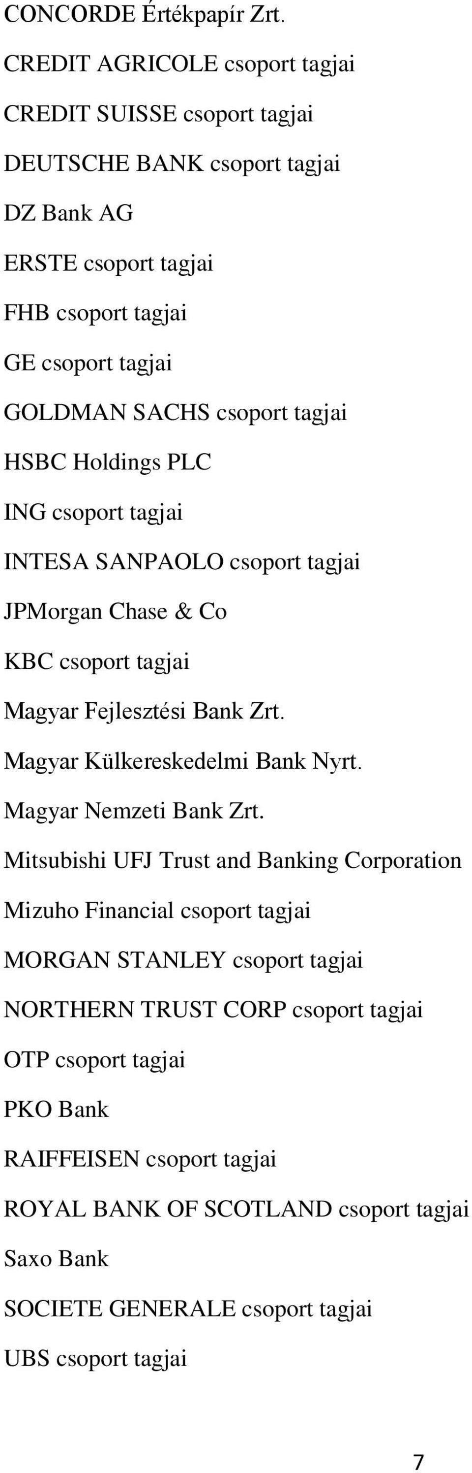 csoport tagjai HSBC Holdings PLC ING csoport tagjai INTESA SANPAOLO csoport tagjai JPMorgan Chase & Co KBC csoport tagjai Magyar Fejlesztési Bank Zrt.