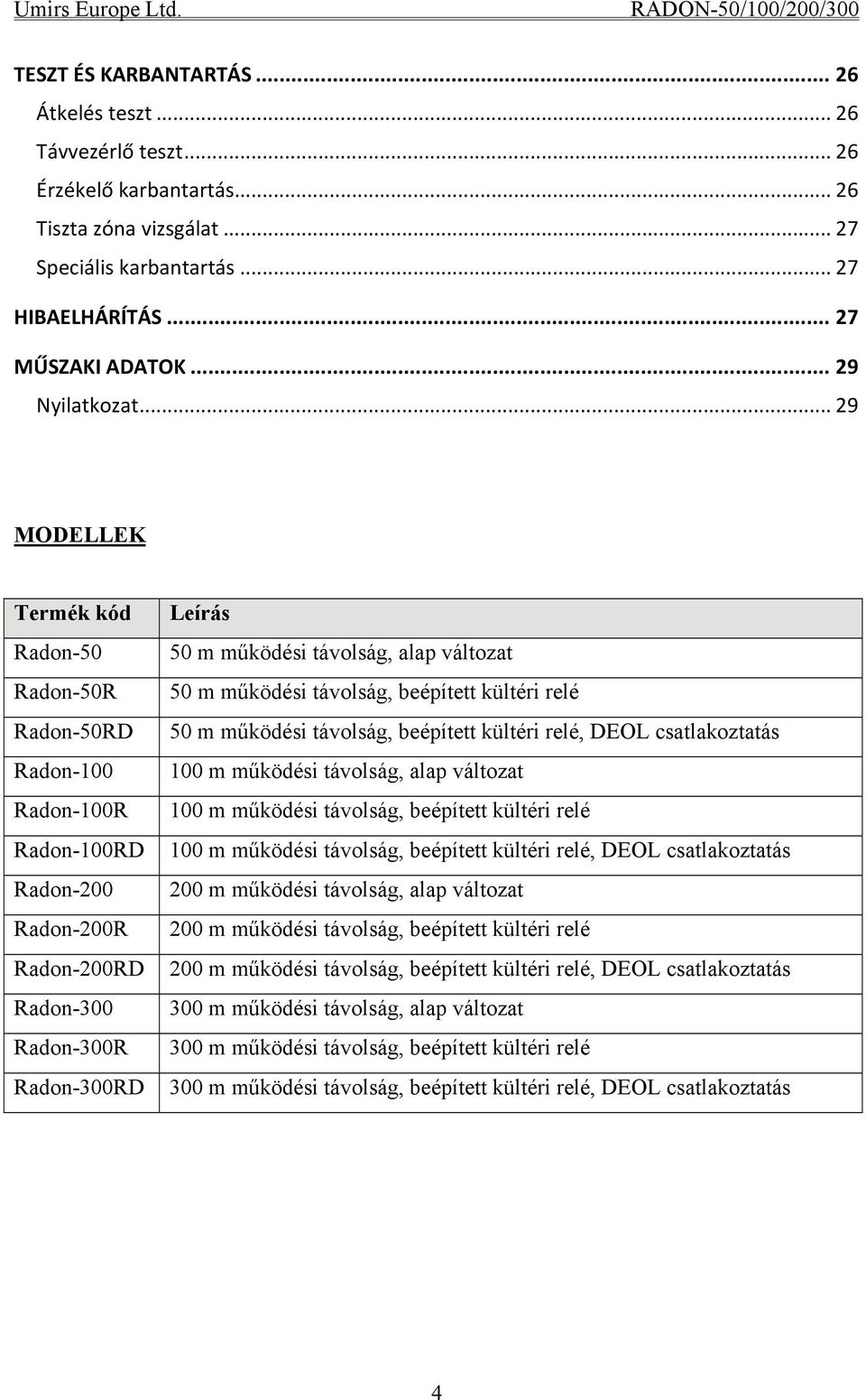 .. 29 MODELLEK Termék kód Radon-50 Radon-50R Radon-50RD Radon-100 Radon-100R Radon-100RD Radon-200 Radon-200R Radon-200RD Radon-300 Radon-300R Radon-300RD Leírás 50 m működési távolság, alap változat