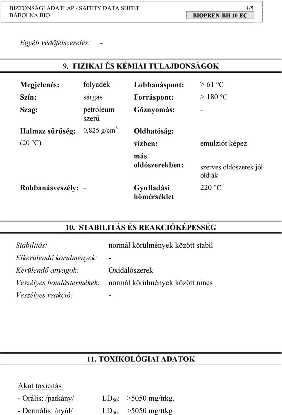 Gőznyomás: - 0,825 g/cm 3 Oldhatóság: vízben: más oldószerekben: Gyulladási hőmérséklet emulziót képez szerves oldószerek jól oldják 220 C 10.