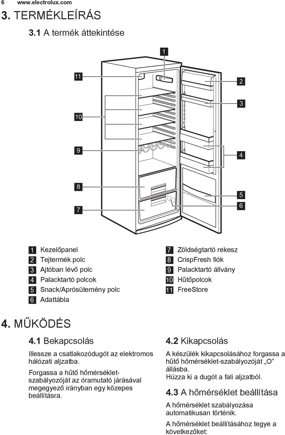 CrispFresh fiók 9 Palacktartó állvány 10 Hűtőpolcok 11 FreeStore 4. MŰKÖDÉS 4.1 Bekapcsolás Illessze a csatlakozódugót az elektromos hálózati aljzatba.